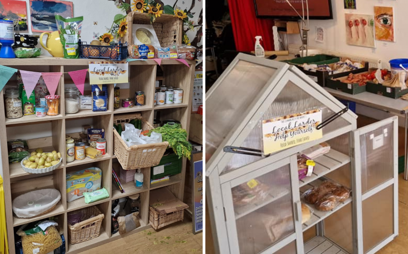 Breads, fresh fruit and veg, tinned foods all laid out on tables, in baskets and on shelves.